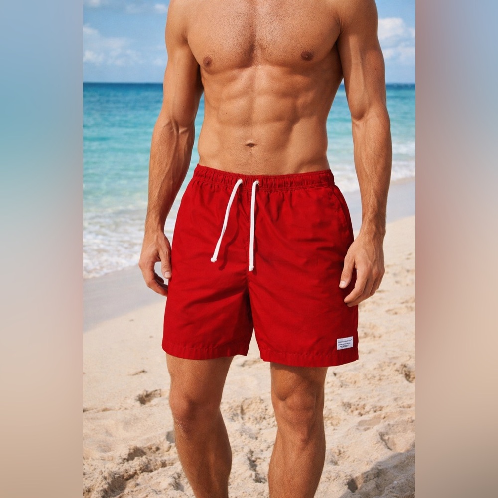Modern Amusement Red Swim Shorts | Beach Resort Trunks | Medium EUC